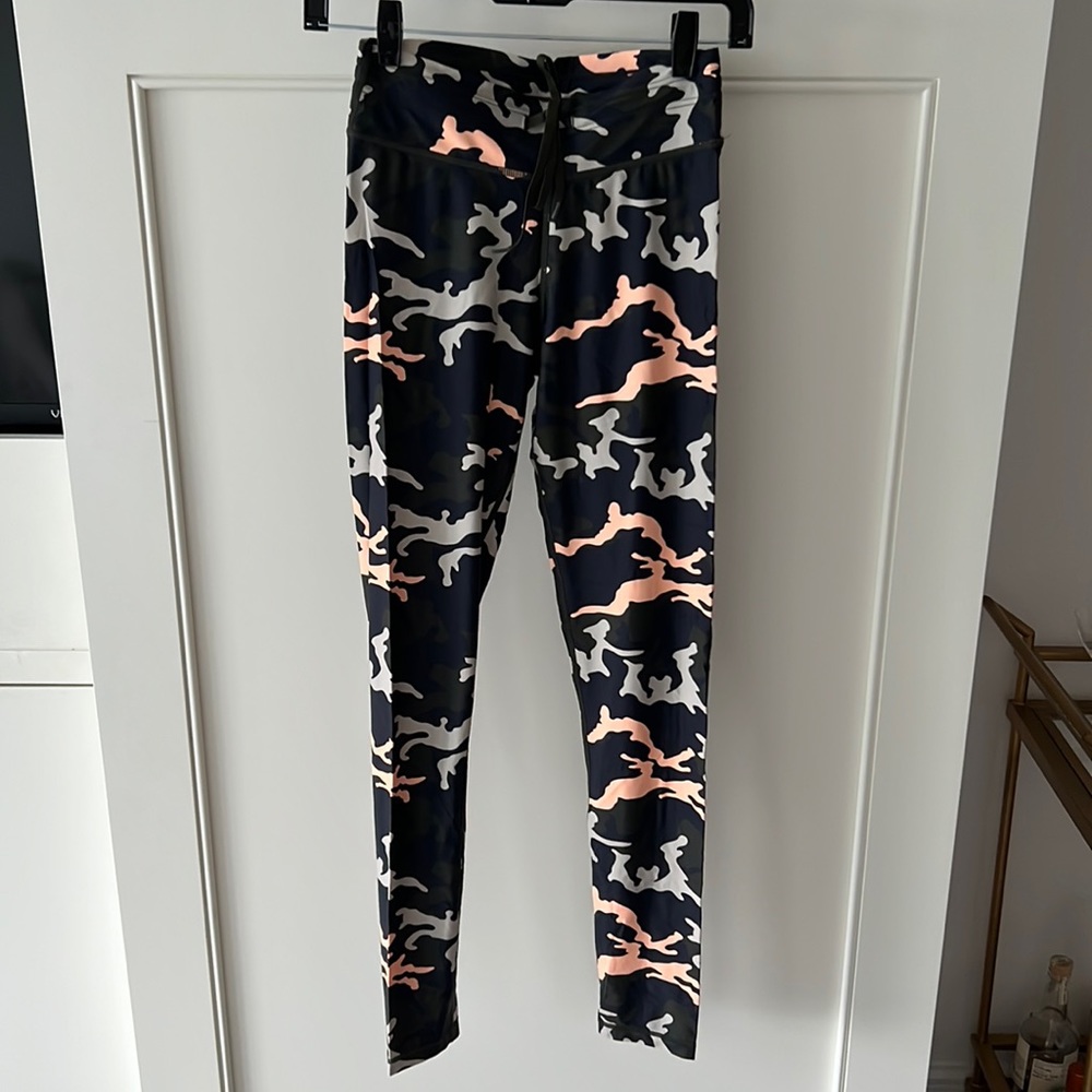 SOLD The Upside, multi colored camo legging, tie waist, full length, size S.